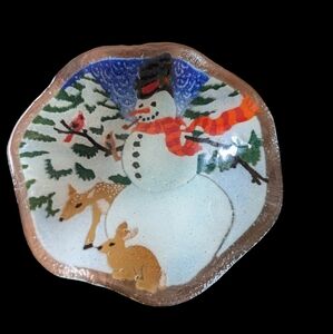 Peggy Karr 8.5" fused glass ruffled edge snowman bowl with deer and cardinals